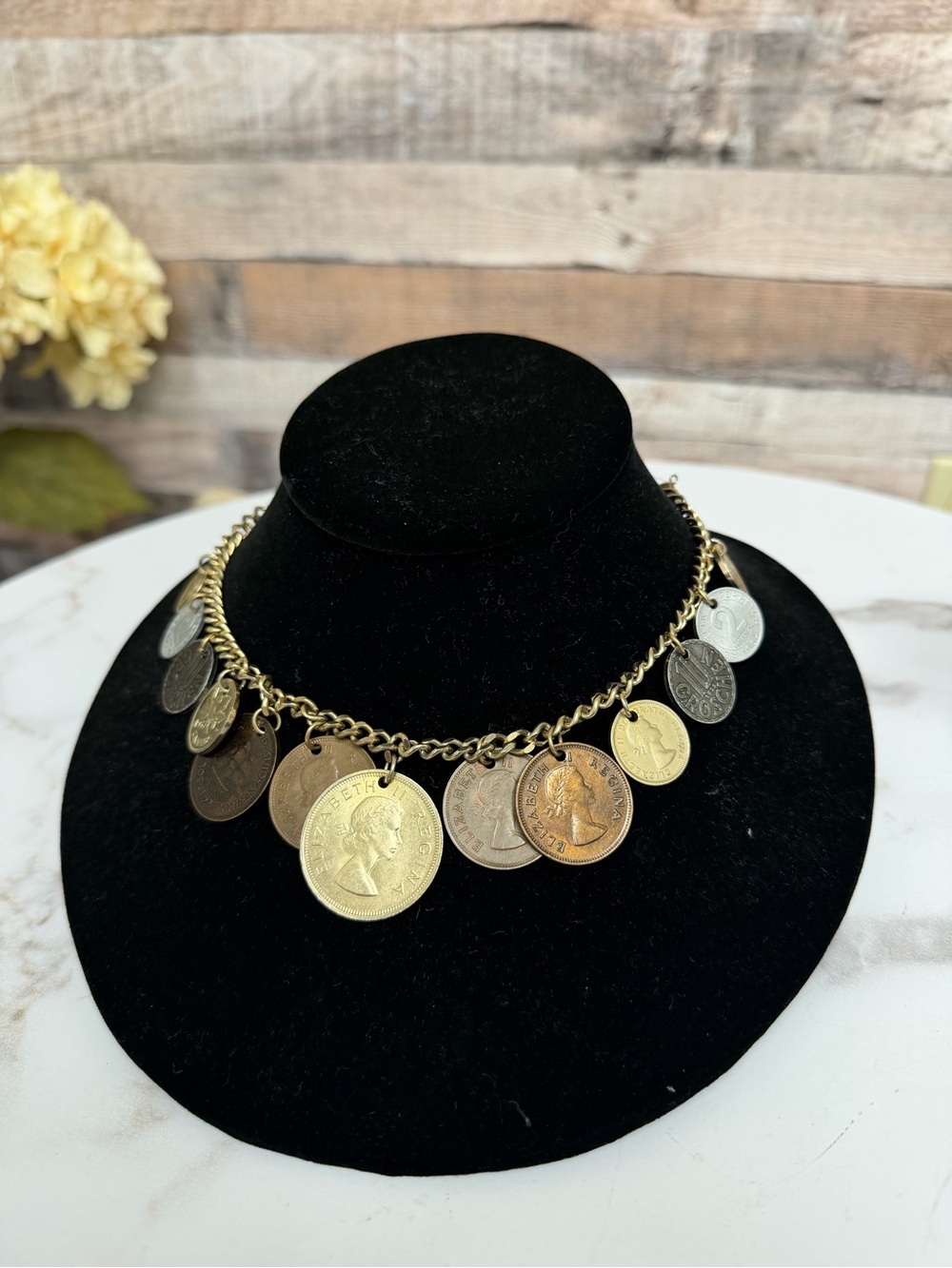 Vintage foreign coin charm necklace OS